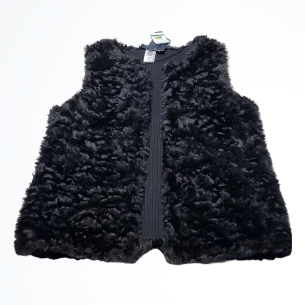 Evan Picone Black Faux Fur Open Front Vest Size Large Bust 42 Inches NWT